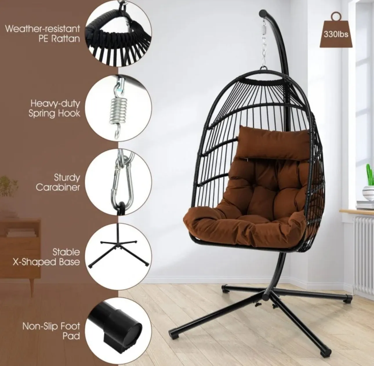 2025 Heavy Duty Patio Hanging Egg Chair With Stand | Soft Cushion | Headrest Pillow | Waterproof Cover | Folding Basket | Water Resistant | Holds 330lbs