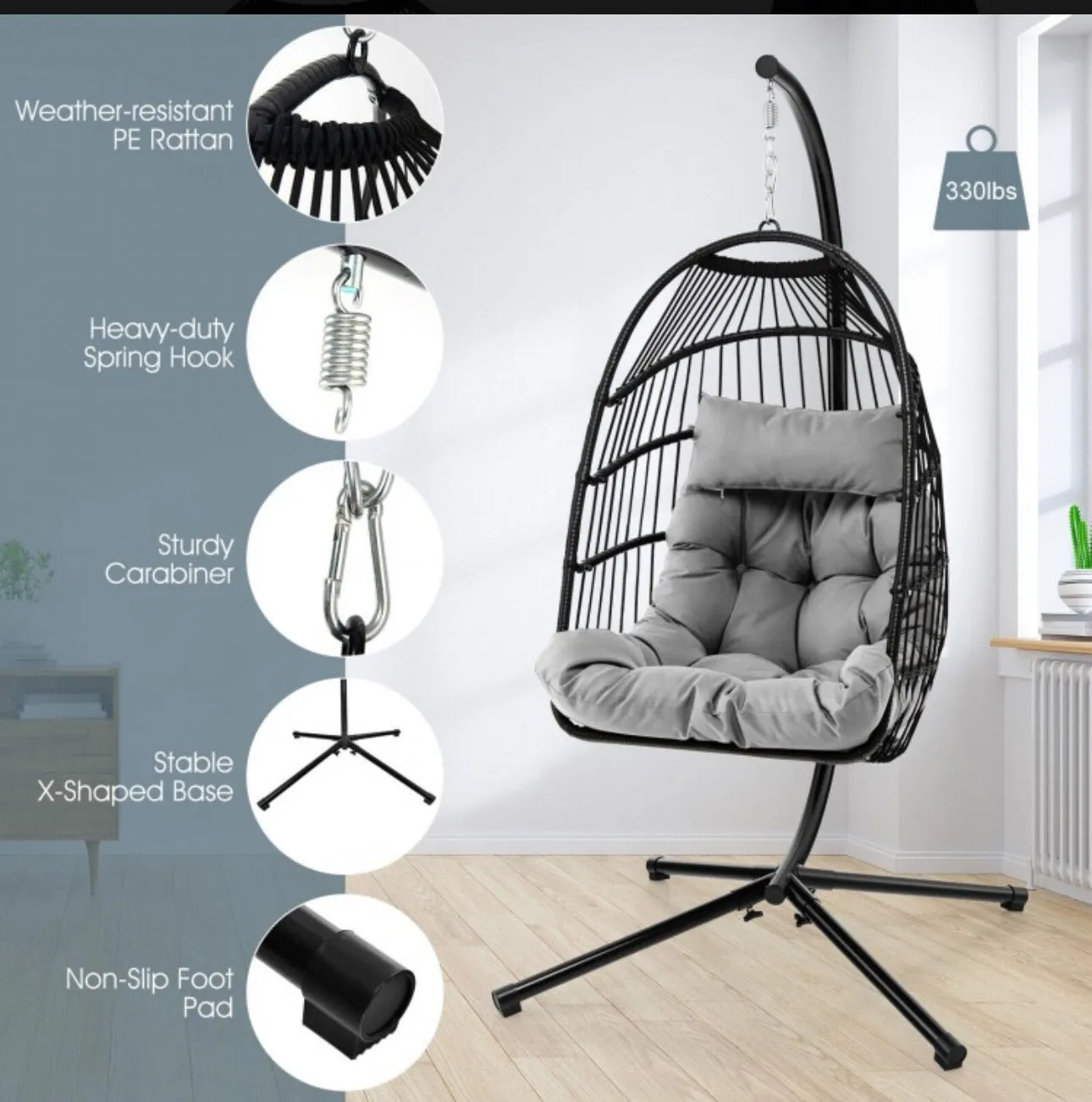 2025 Heavy Duty Patio Hanging Egg Chair With Stand | Soft Cushion | Headrest Pillow | Waterproof Cover | Folding Basket | Water Resistant | Holds 330lbs