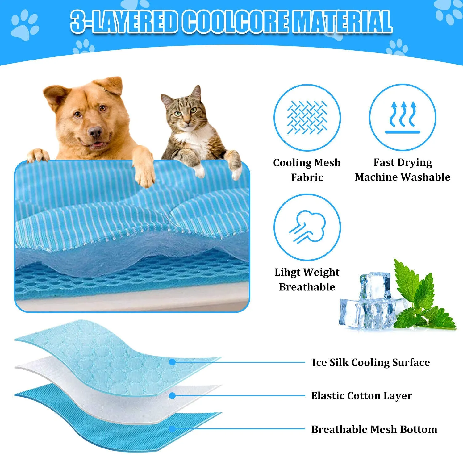 3-Layer Cooling Pet Mat for Dogs & Cats - Deluxe Absorbent & Non-Slip Summer Pet Bed Pad