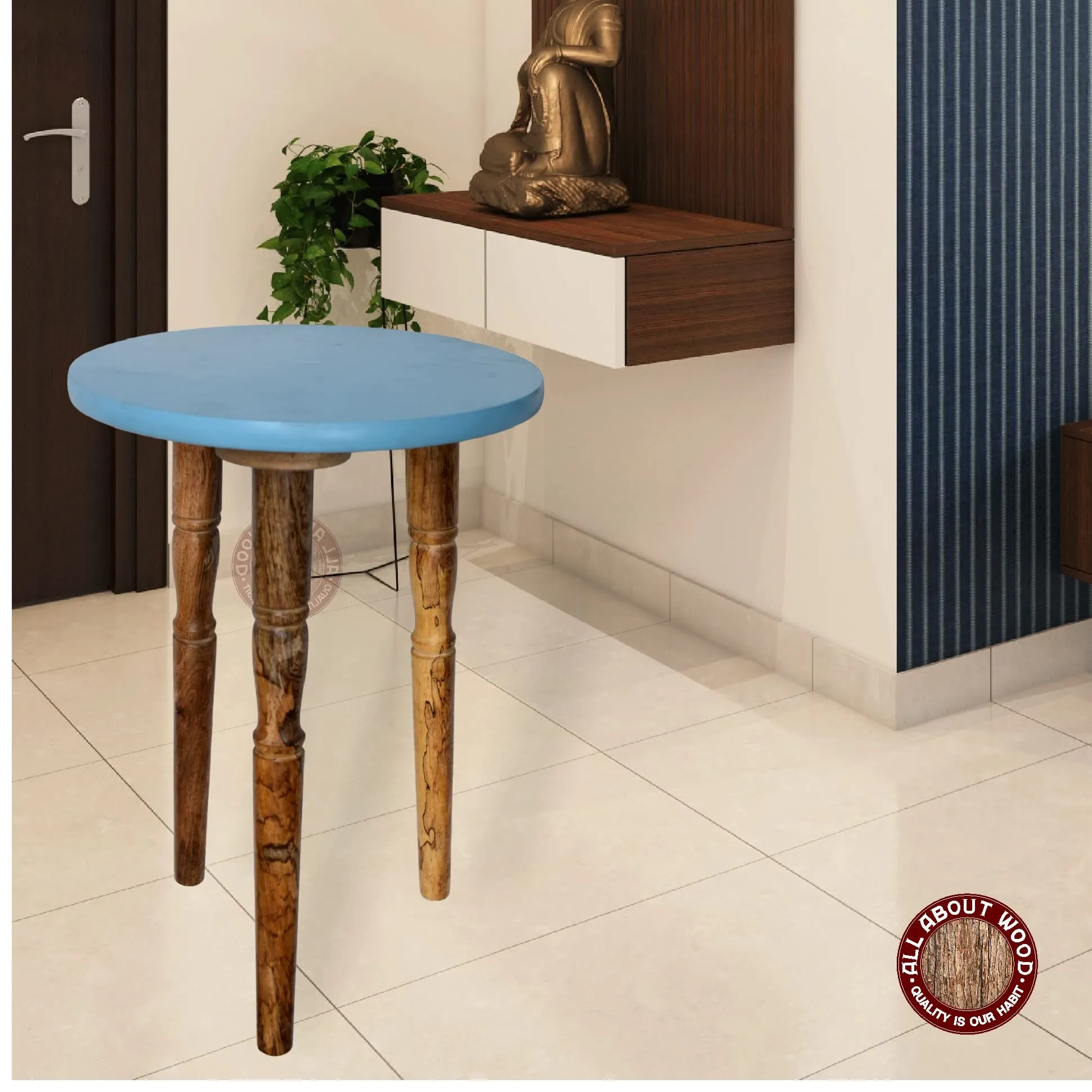 All About Wood Round-Top Foldable & Lightweight Wooden End Table | Home Decor Furniture Bed-Side Tables for Bedroom, Drawing Room, Living Room, Office, Café (Blue, MDF & Mango Wood)
