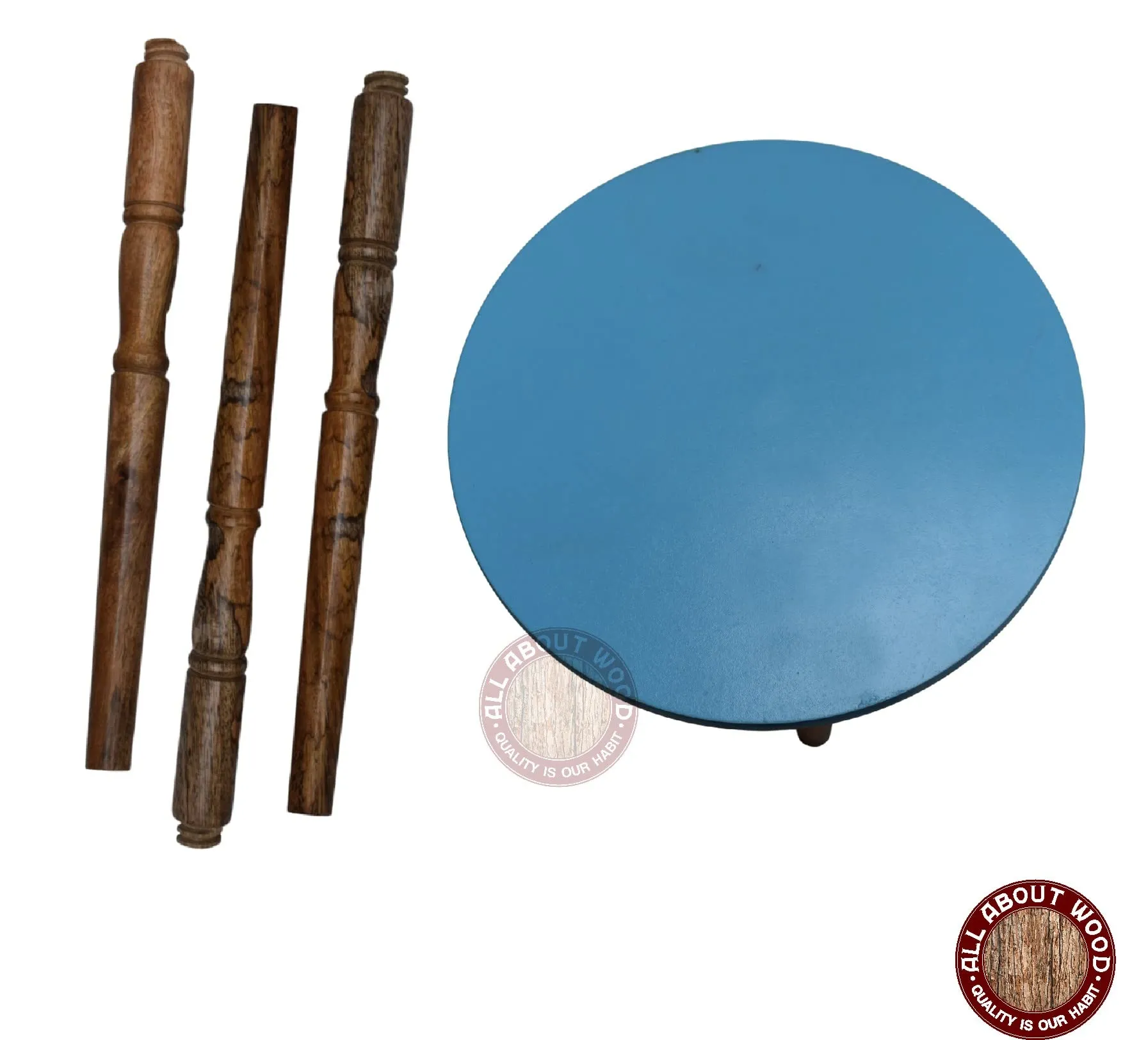All About Wood Round-Top Foldable & Lightweight Wooden End Table | Home Decor Furniture Bed-Side Tables for Bedroom, Drawing Room, Living Room, Office, Café (Blue, MDF & Mango Wood)