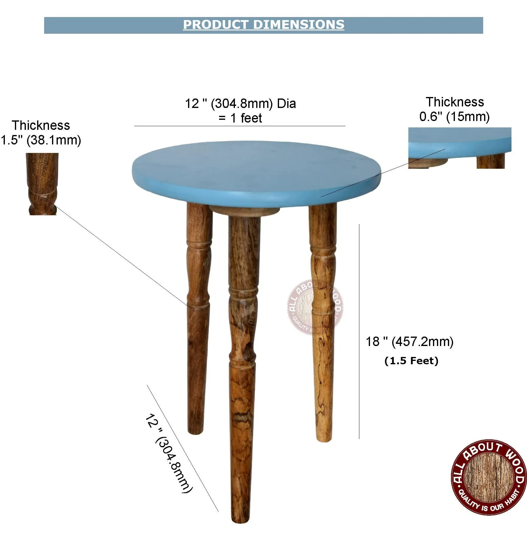 All About Wood Round-Top Foldable & Lightweight Wooden End Table | Home Decor Furniture Bed-Side Tables for Bedroom, Drawing Room, Living Room, Office, Café (Blue, MDF & Mango Wood)