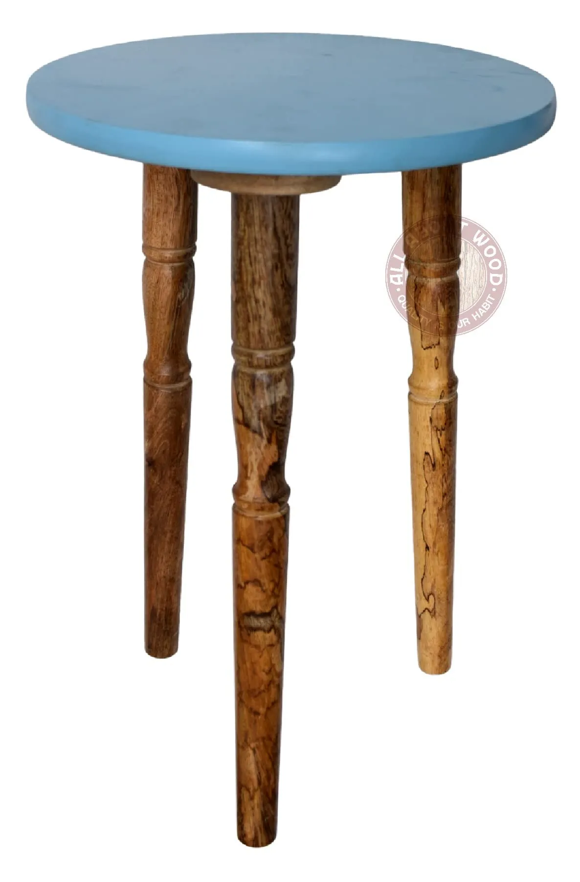 All About Wood Round-Top Foldable & Lightweight Wooden End Table | Home Decor Furniture Bed-Side Tables for Bedroom, Drawing Room, Living Room, Office, Café (Blue, MDF & Mango Wood)