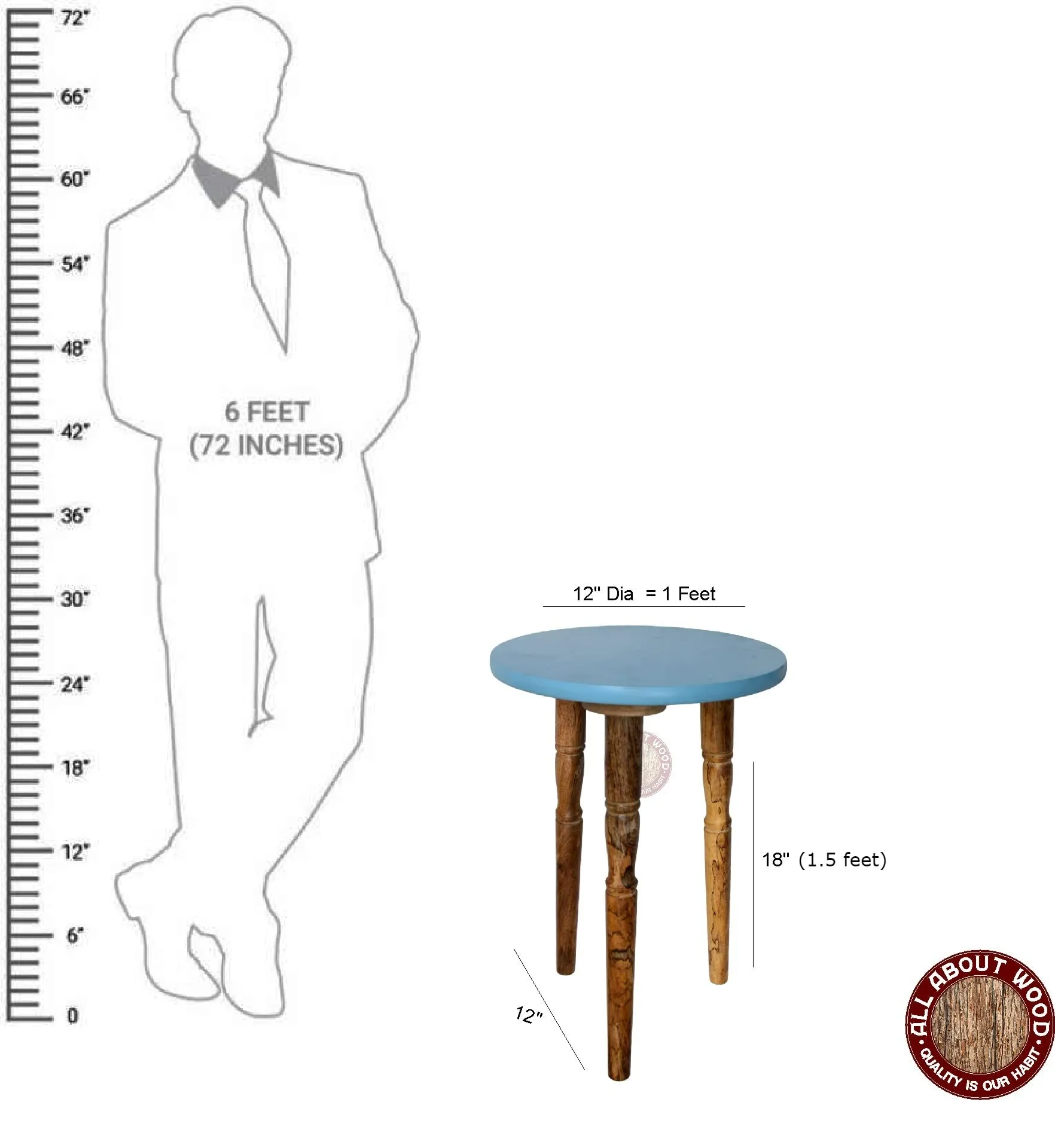 All About Wood Round-Top Foldable & Lightweight Wooden End Table | Home Decor Furniture Bed-Side Tables for Bedroom, Drawing Room, Living Room, Office, Café (Blue, MDF & Mango Wood)