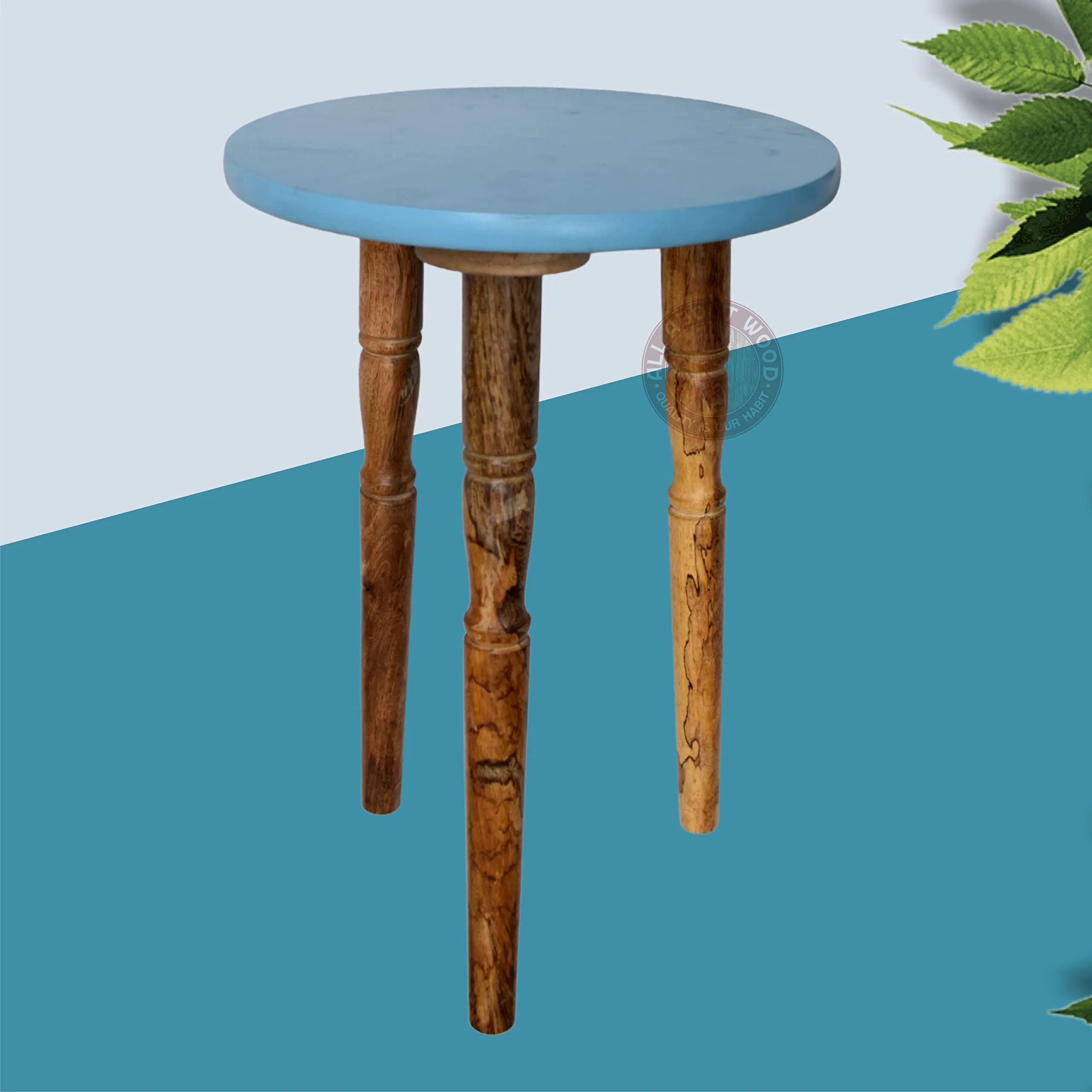All About Wood Round-Top Foldable & Lightweight Wooden End Table | Home Decor Furniture Bed-Side Tables for Bedroom, Drawing Room, Living Room, Office, Café (Blue, MDF & Mango Wood)