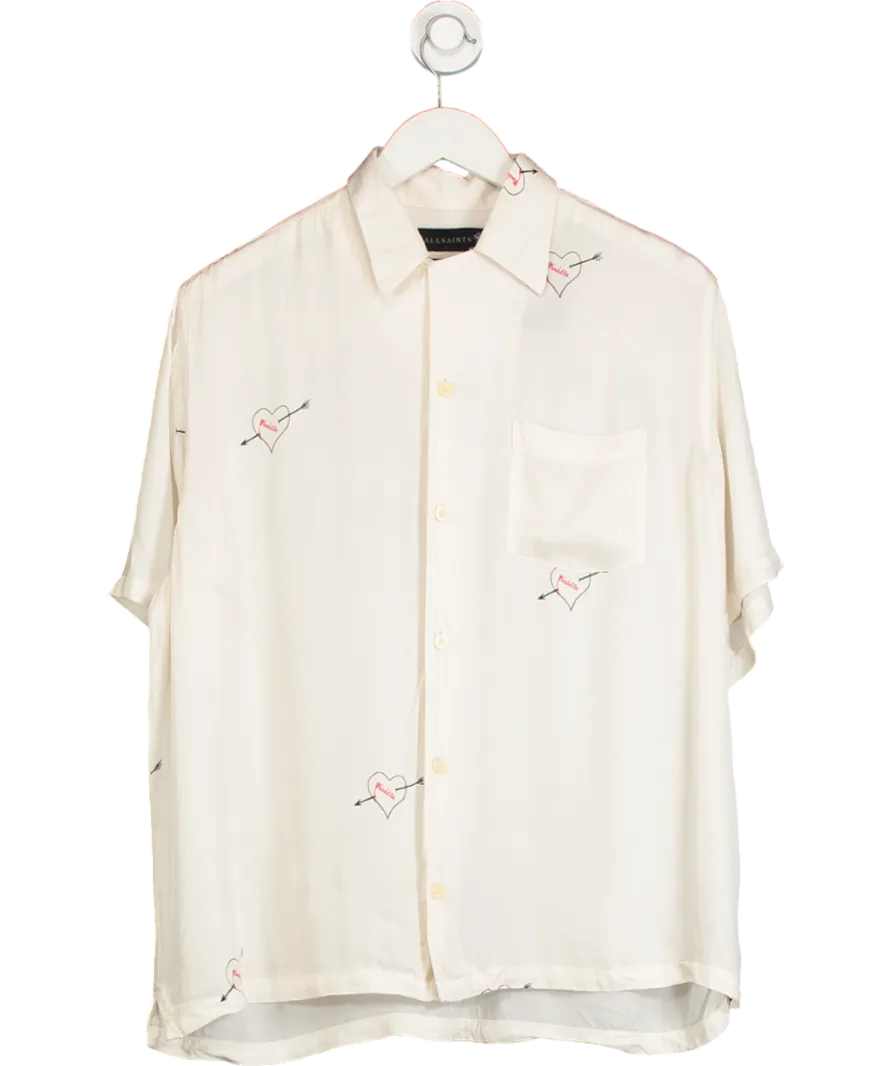 All Saints Cream Bow Heart Print Short Sleeve Shirt UK L