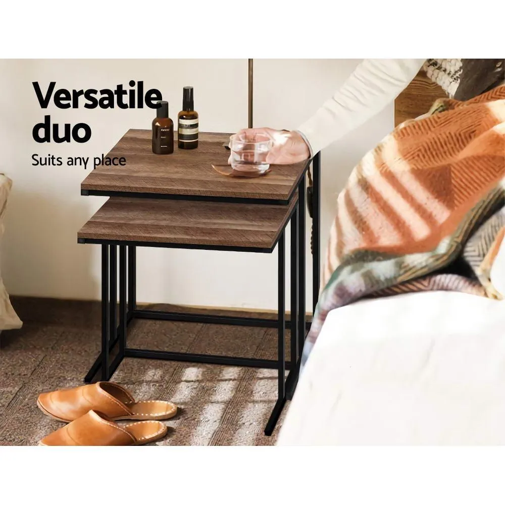 Artiss Rustic Nesting Side Tables Wooden with Metal Frame