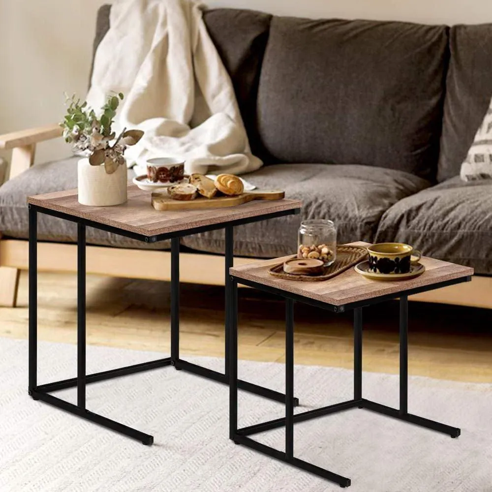 Artiss Rustic Nesting Side Tables Wooden with Metal Frame