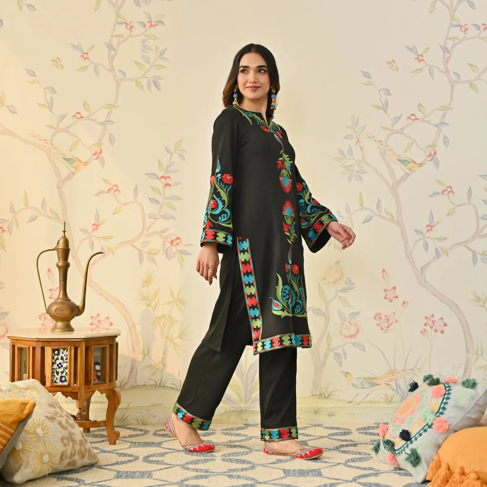 Black Woollen Aari Embroidered Kashmiri Kurta Pant Set