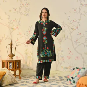 Black Woollen Aari Embroidered Kashmiri Kurta Pant Set
