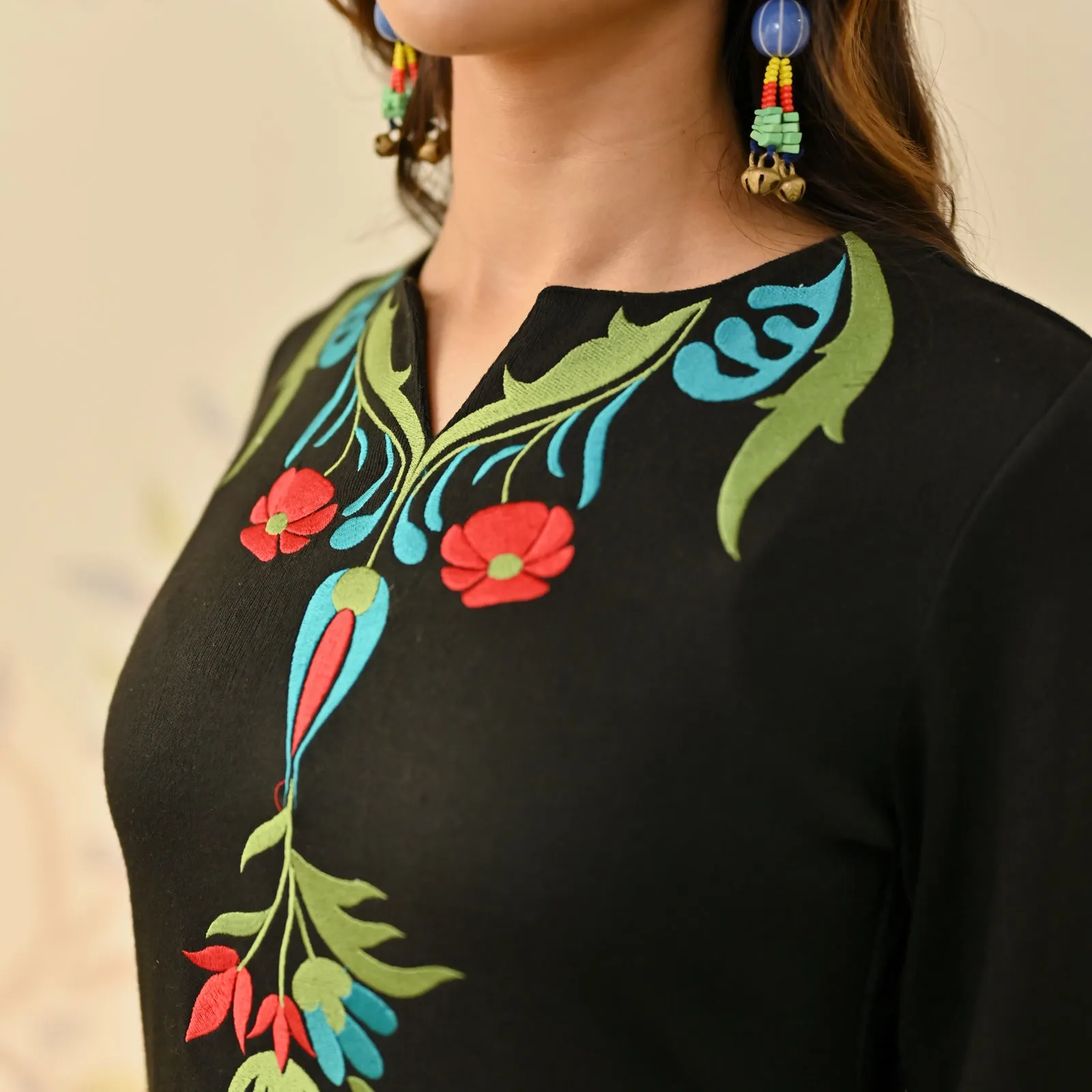 Black Woollen Aari Embroidered Kashmiri Kurta Pant Set