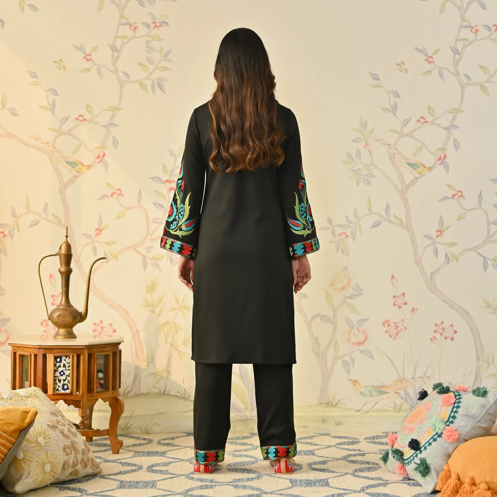 Black Woollen Aari Embroidered Kashmiri Kurta Pant Set