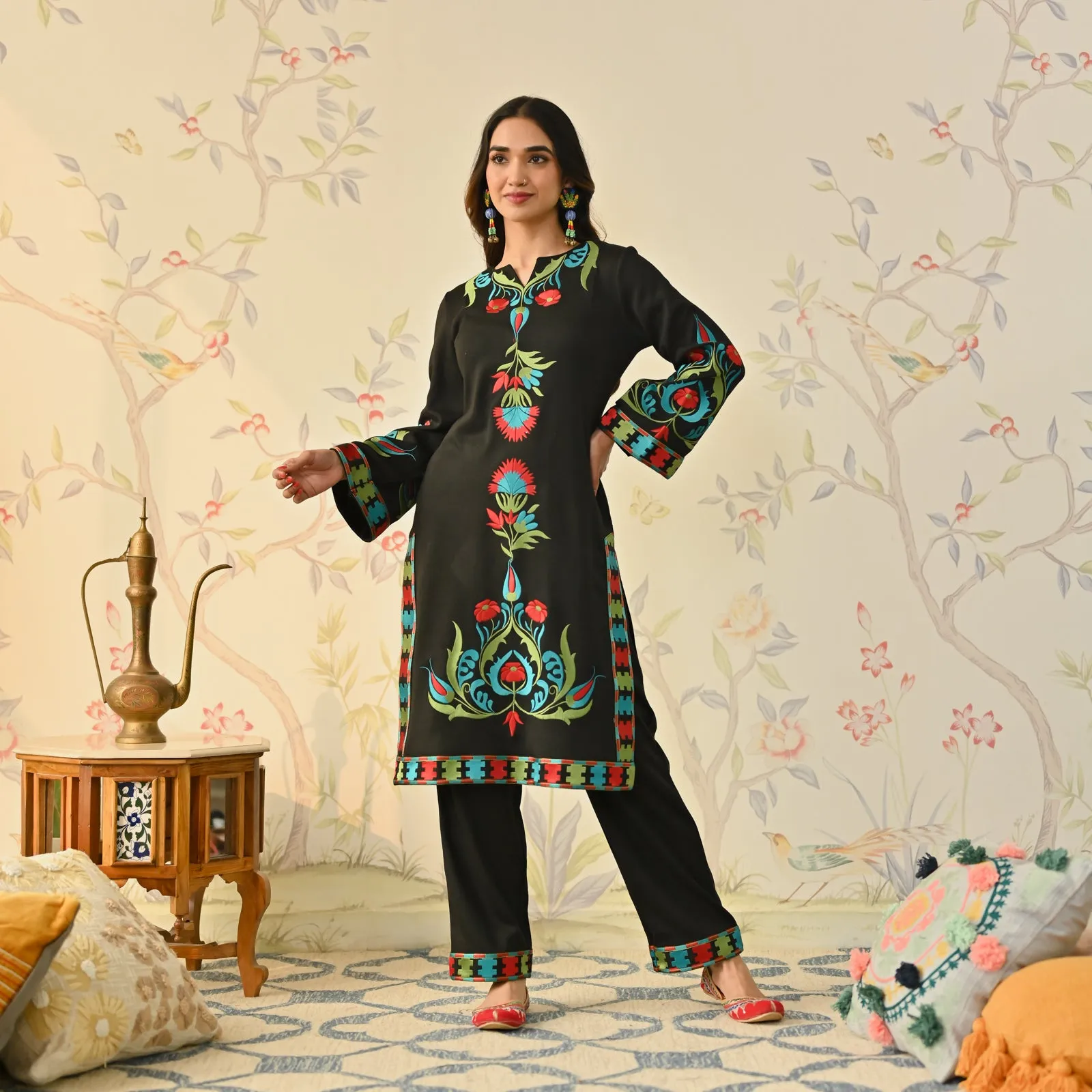 Black Woollen Aari Embroidered Kashmiri Kurta Pant Set