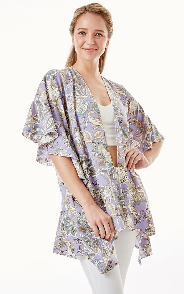 LOF1269 Floral Paisley Print Cover Up w/Ruffle Sleeves