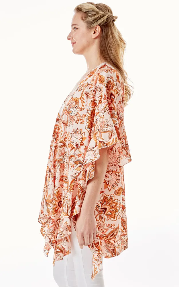 LOF1269 Floral Paisley Print Cover Up w/Ruffle Sleeves