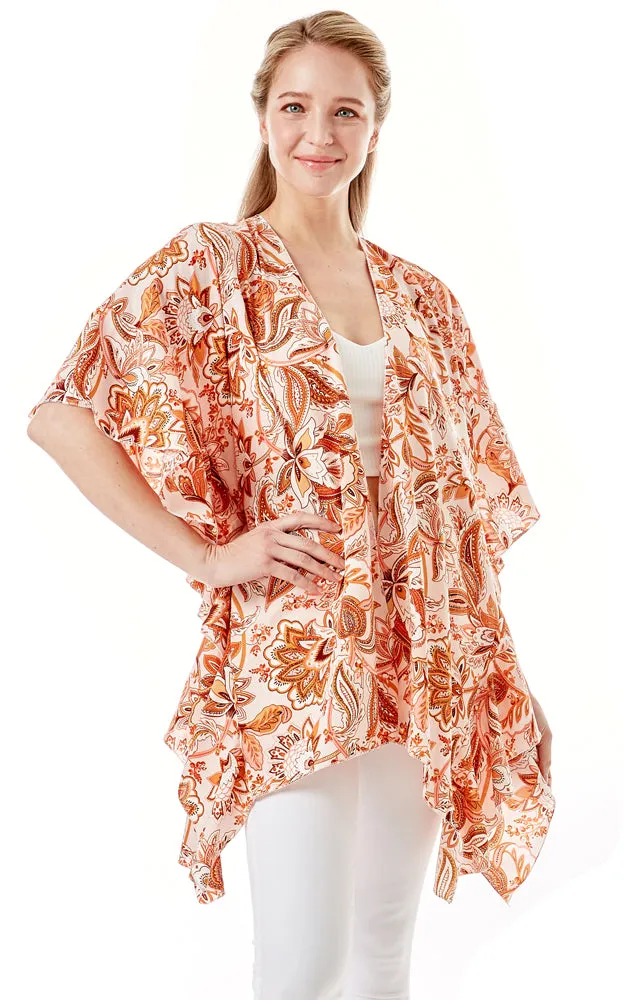 LOF1269 Floral Paisley Print Cover Up w/Ruffle Sleeves