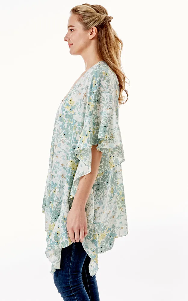 LOF1270 Floral Print Cover Up w/Ruffle Sleeves