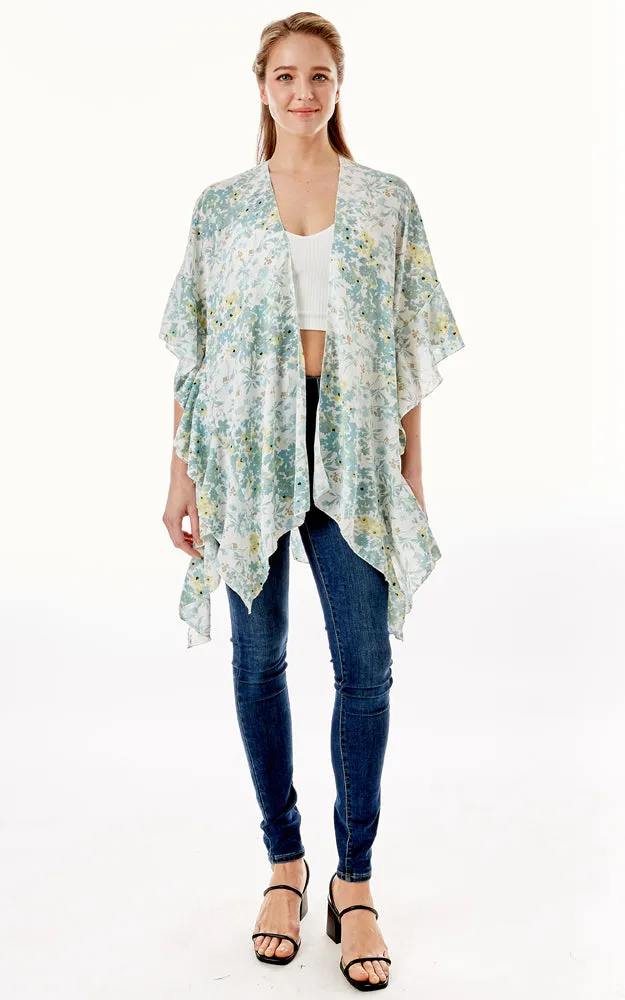LOF1270 Floral Print Cover Up w/Ruffle Sleeves