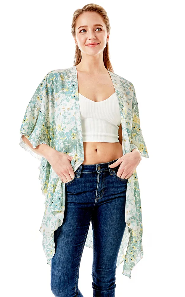 LOF1270 Floral Print Cover Up w/Ruffle Sleeves