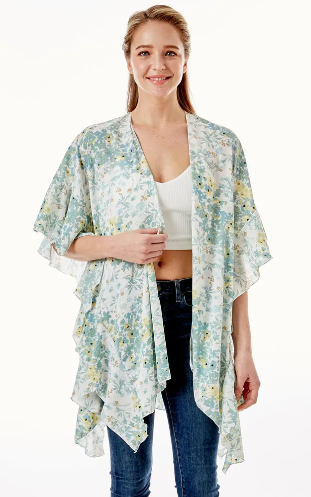 LOF1270 Floral Print Cover Up w/Ruffle Sleeves