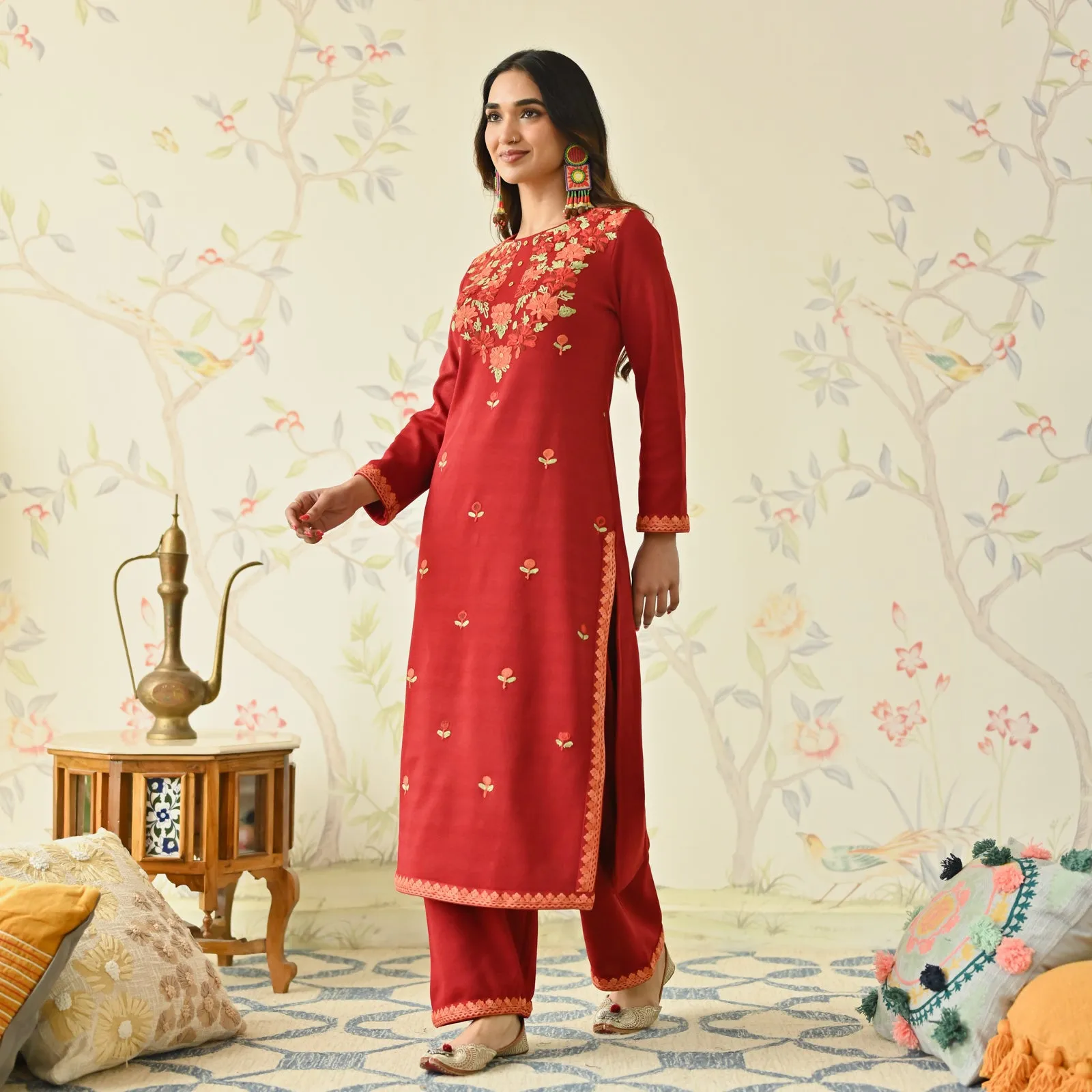 Maroon Woollen Aari Embroidered Floral Kurta Pant Set