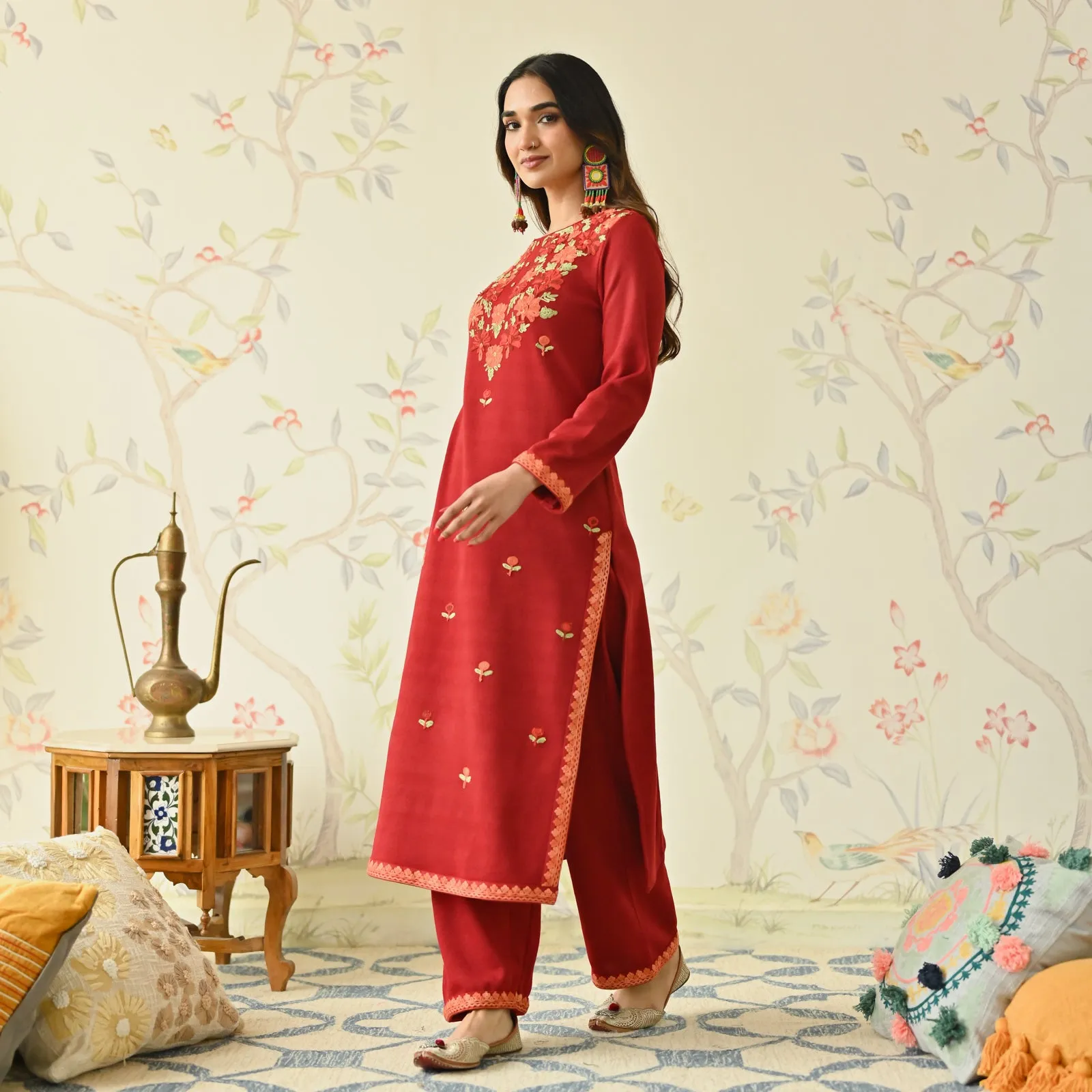 Maroon Woollen Aari Embroidered Floral Kurta Pant Set