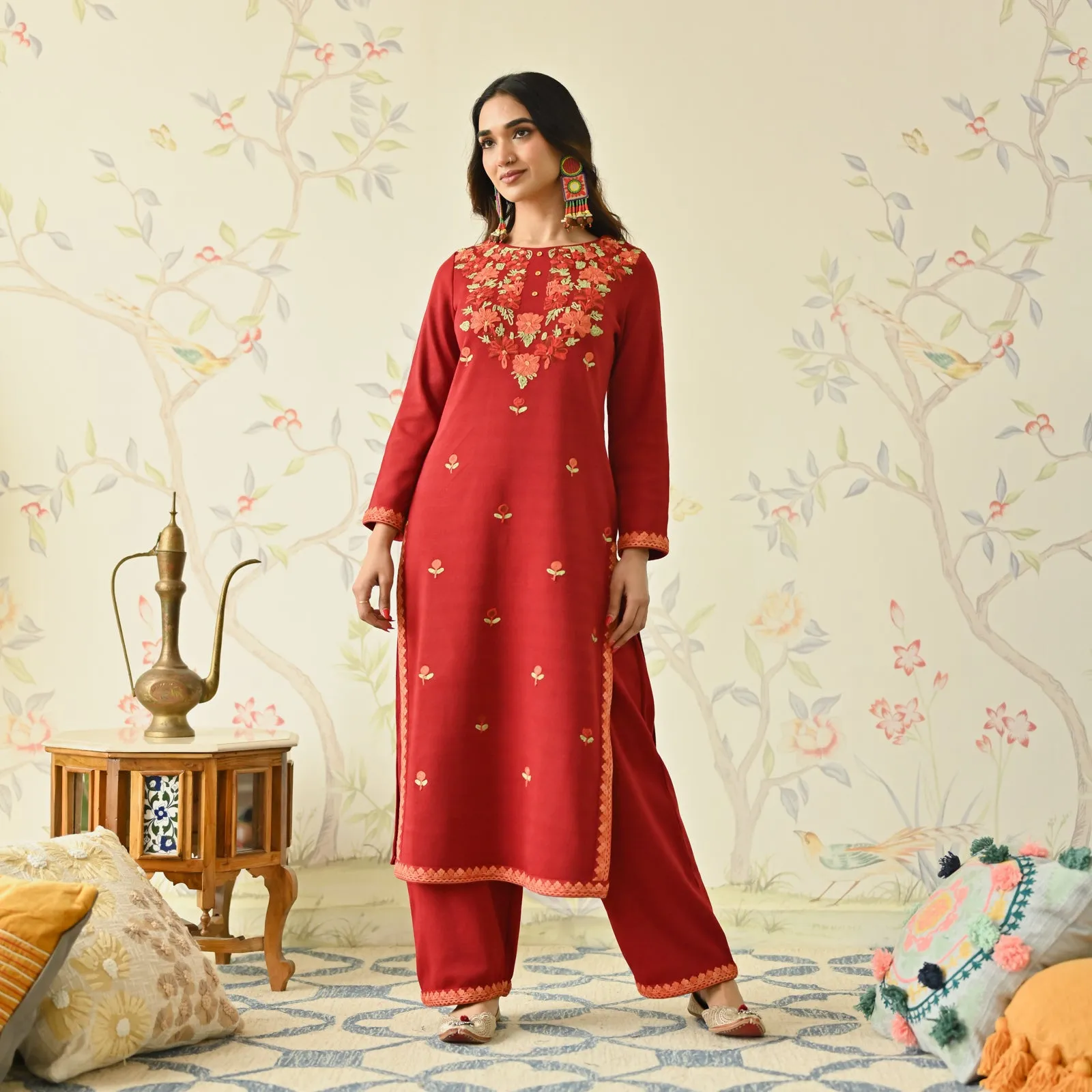 Maroon Woollen Aari Embroidered Floral Kurta Pant Set