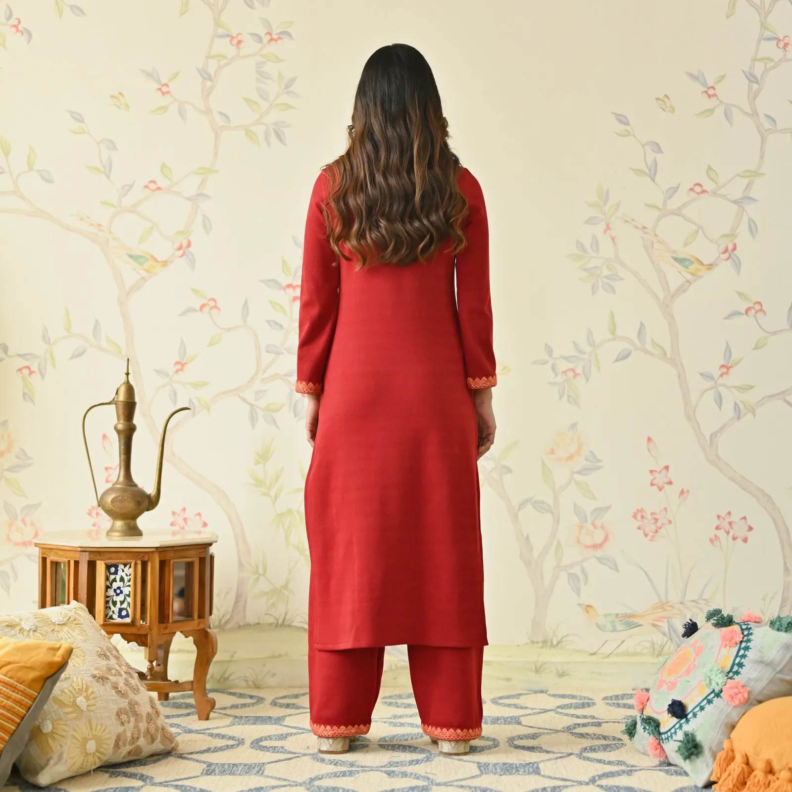Maroon Woollen Aari Embroidered Floral Kurta Pant Set