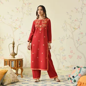 Maroon Woollen Aari Embroidered Floral Kurta Pant Set