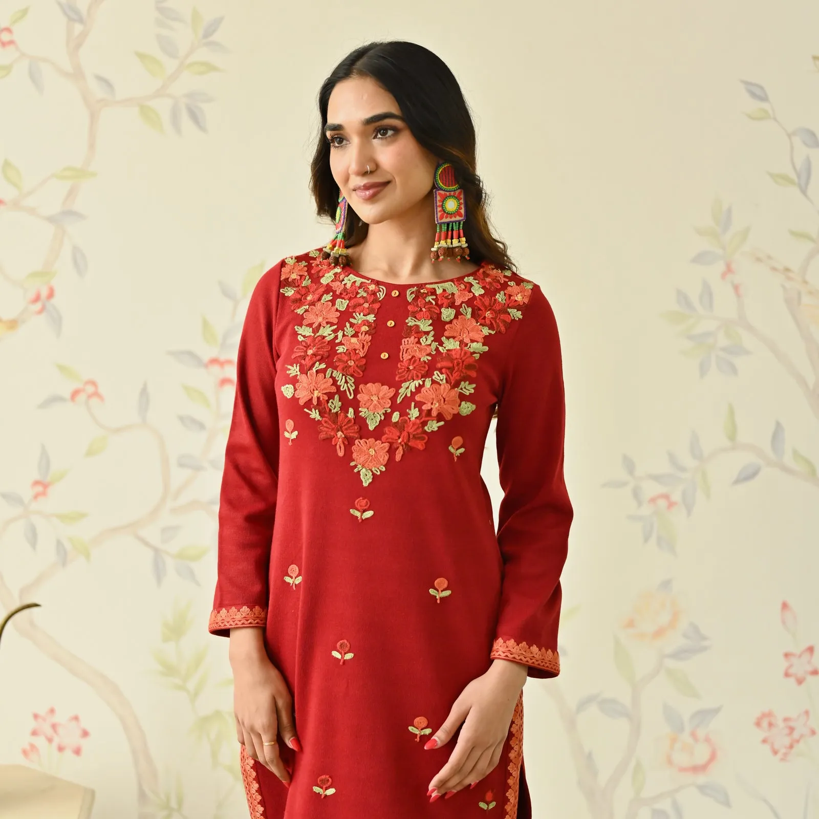 Maroon Woollen Aari Embroidered Floral Kurta Pant Set