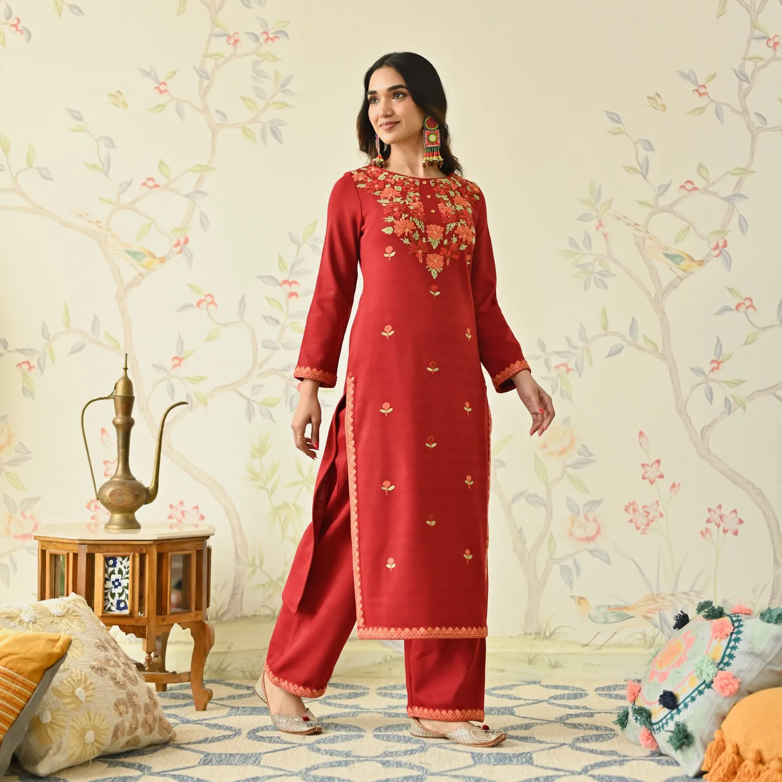 Maroon Woollen Aari Embroidered Floral Kurta Pant Set