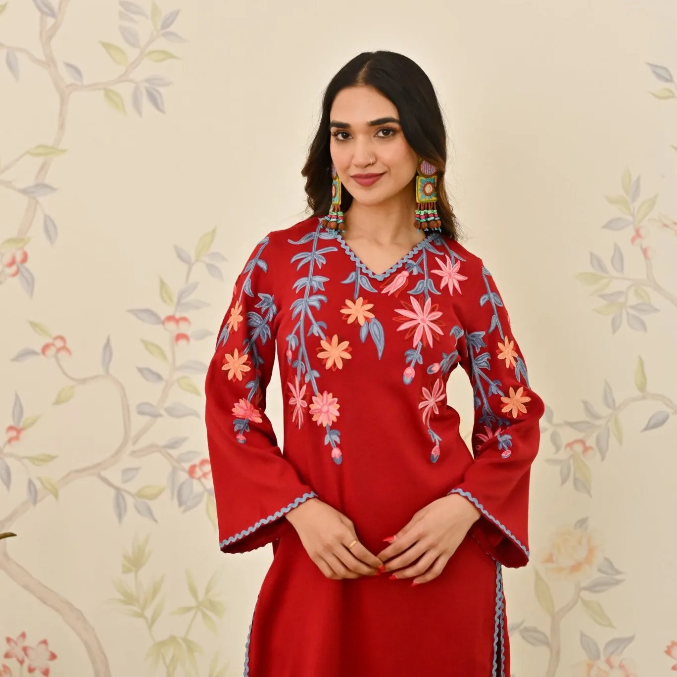 Maroon Woollen Aari Embroidered Kurta Pant Set with Lace detail
