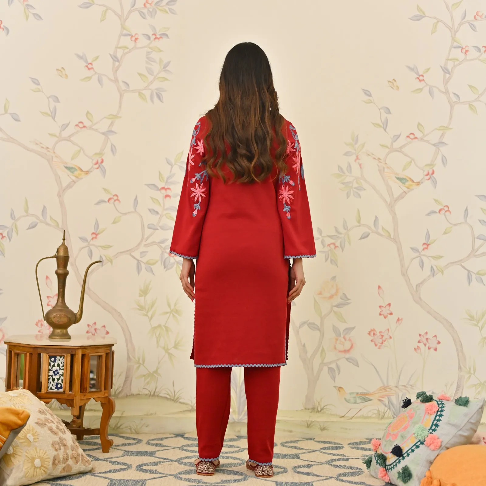 Maroon Woollen Aari Embroidered Kurta Pant Set with Lace detail