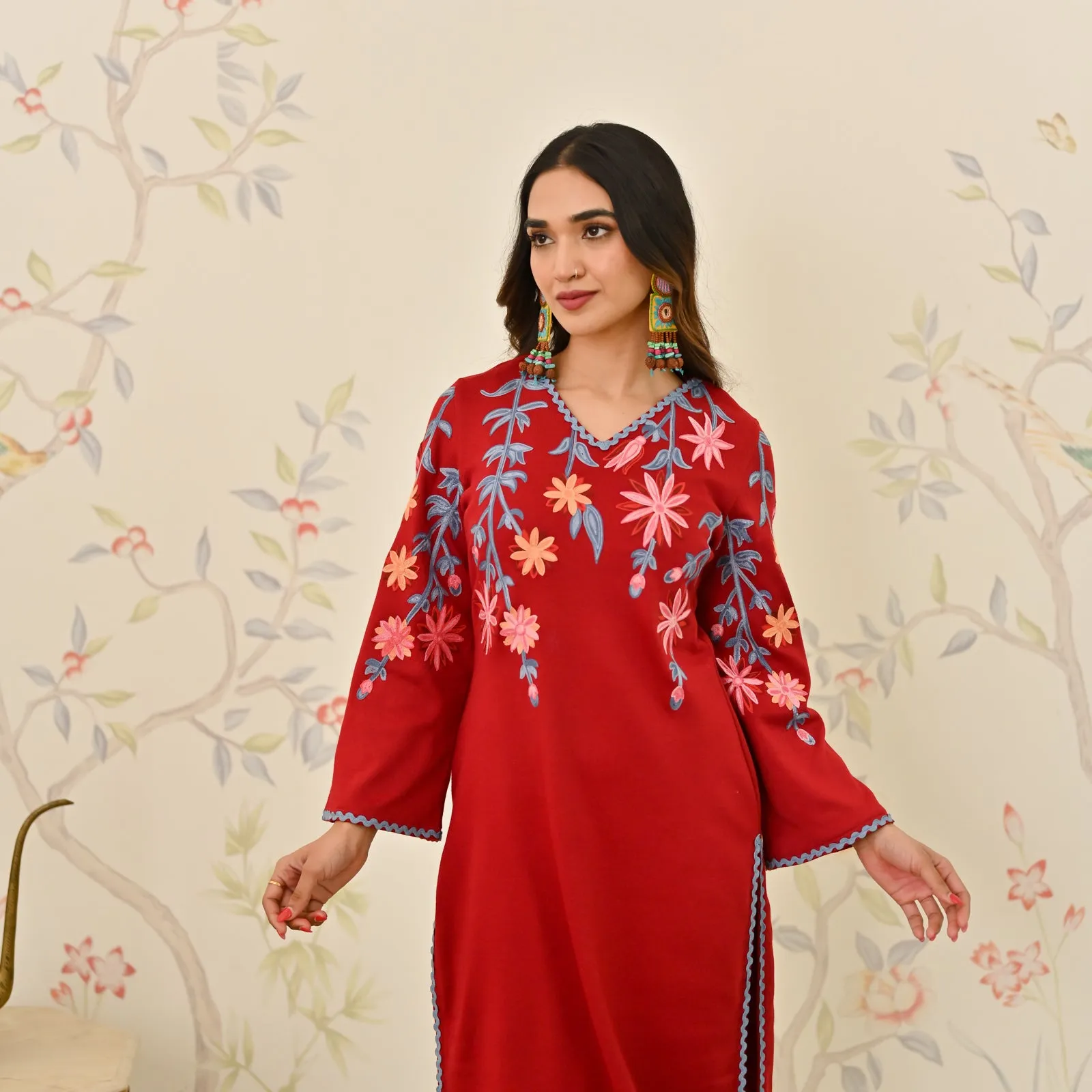 Maroon Woollen Aari Embroidered Kurta Pant Set with Lace detail
