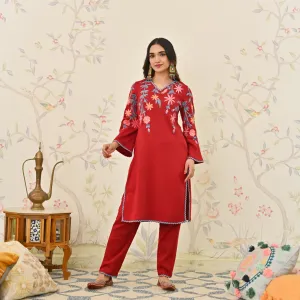 Maroon Woollen Aari Embroidered Kurta Pant Set with Lace detail