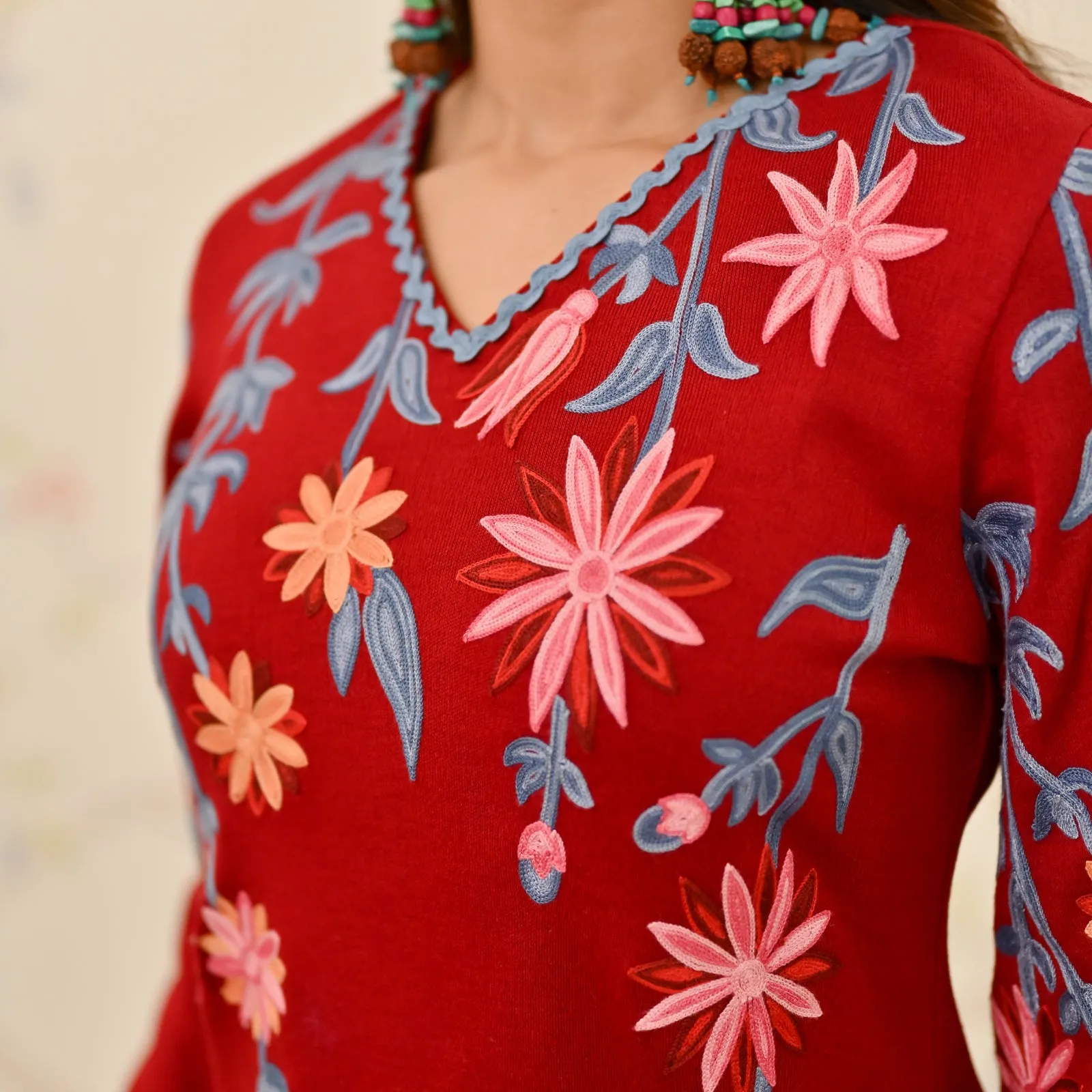 Maroon Woollen Aari Embroidered Kurta Pant Set with Lace detail