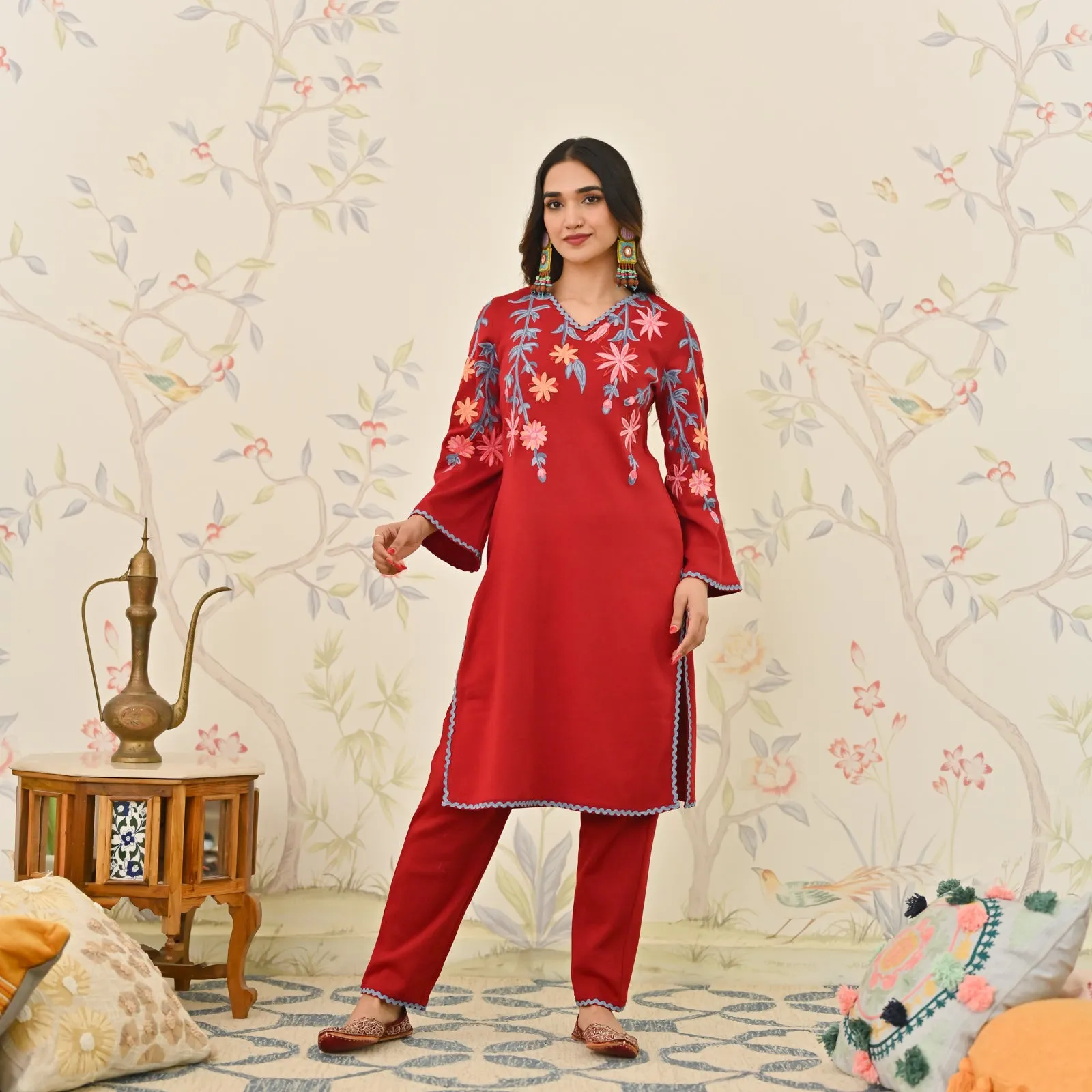 Maroon Woollen Aari Embroidered Kurta Pant Set with Lace detail