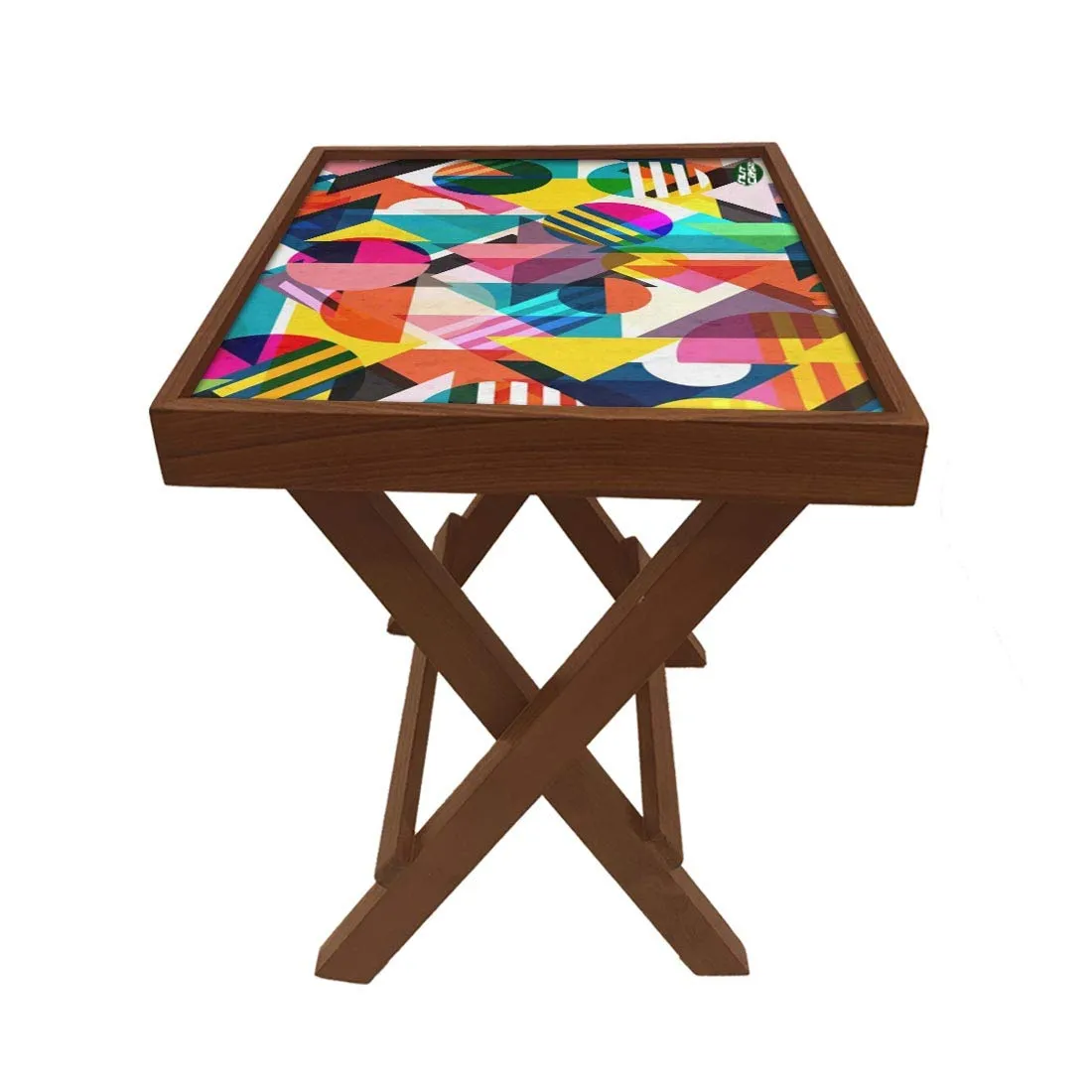 Nutcase Designer Teak Wood Side Table Folding Wooden Bedside Coffee Outdoor Picnic Table - Colorful Geometric