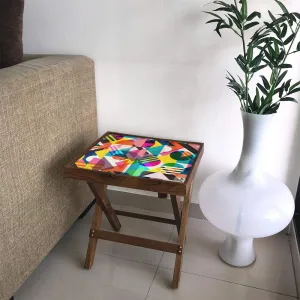 Nutcase Designer Teak Wood Side Table Folding Wooden Bedside Coffee Outdoor Picnic Table - Colorful Geometric