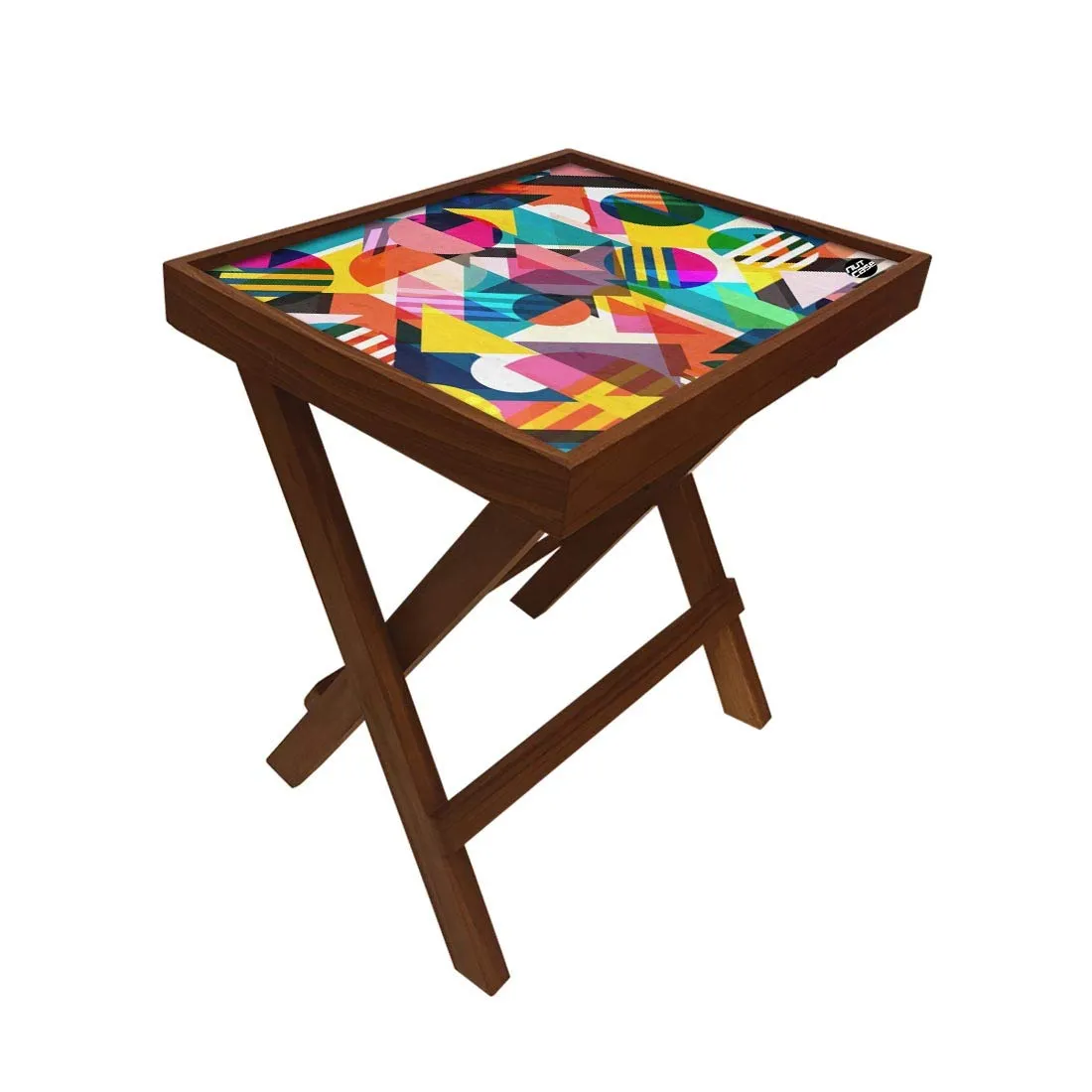 Nutcase Designer Teak Wood Side Table Folding Wooden Bedside Coffee Outdoor Picnic Table - Colorful Geometric