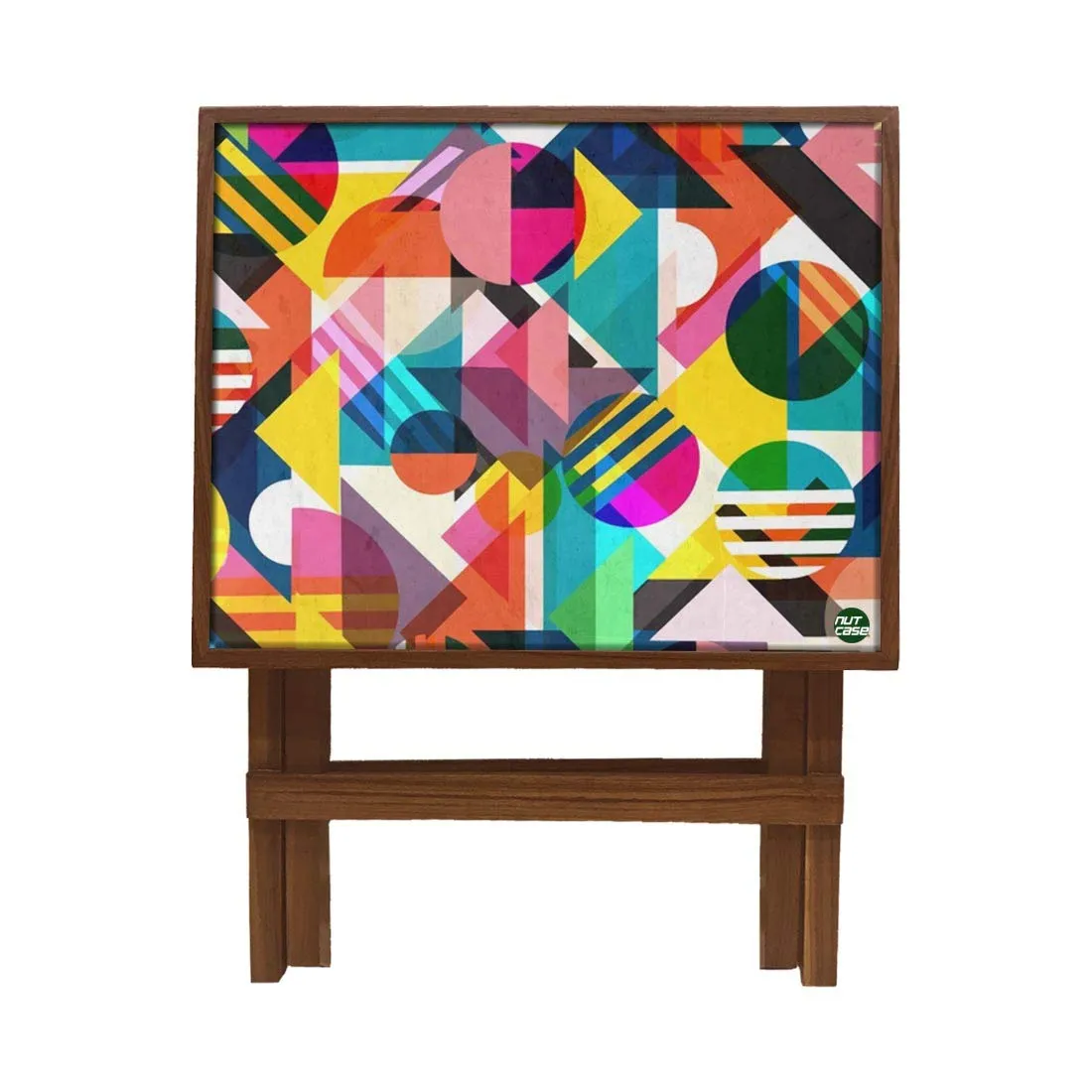 Nutcase Designer Teak Wood Side Table Folding Wooden Bedside Coffee Outdoor Picnic Table - Colorful Geometric
