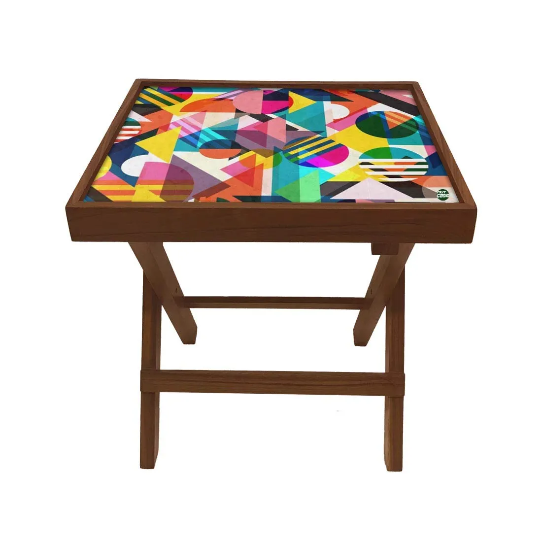 Nutcase Designer Teak Wood Side Table Folding Wooden Bedside Coffee Outdoor Picnic Table - Colorful Geometric