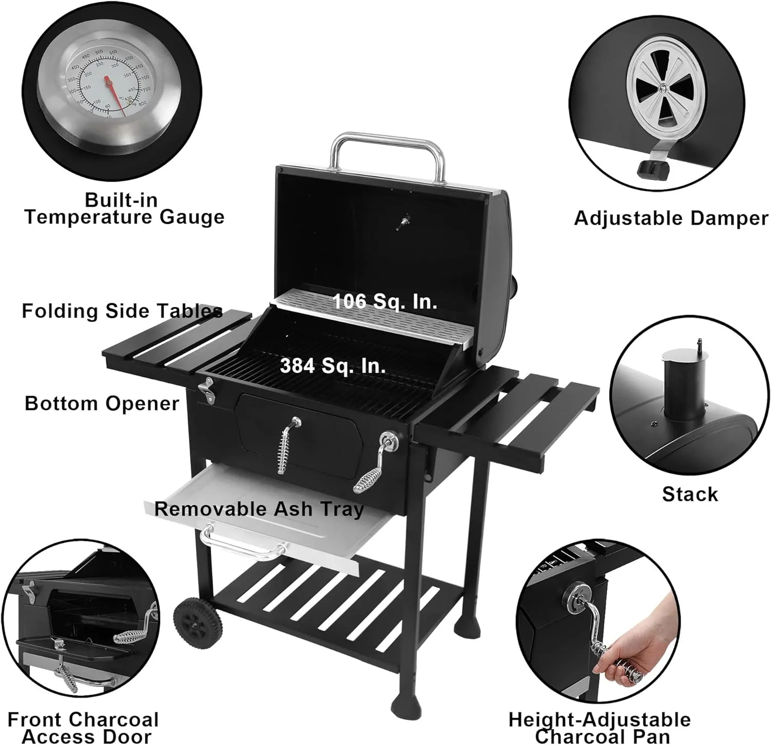 Royal Gourmet CD1824EN 24” Charcoal Grill Outdoor Smoker with Side Tables Backyard Griller Party BBQ Picnic Patio Cooking, Black